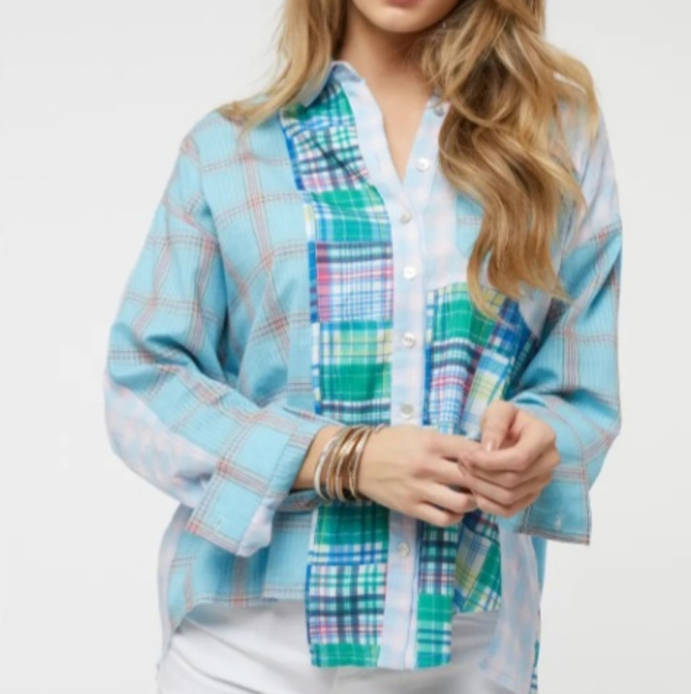 Davi & Dani Cotton Mixed Print Plaid Button Down Collared Shirt